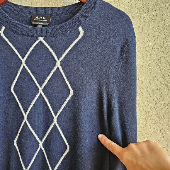 A.P.C. Stephen Navy knit argyle pullon sweater unisex size large merino wool - Picture 7 of 8